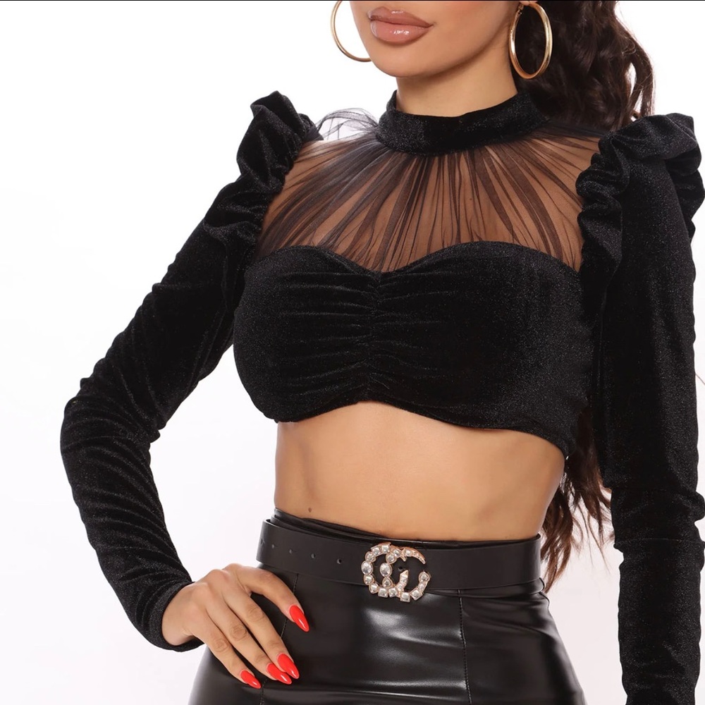 FashionNova velvet ruffle sleeve crop top